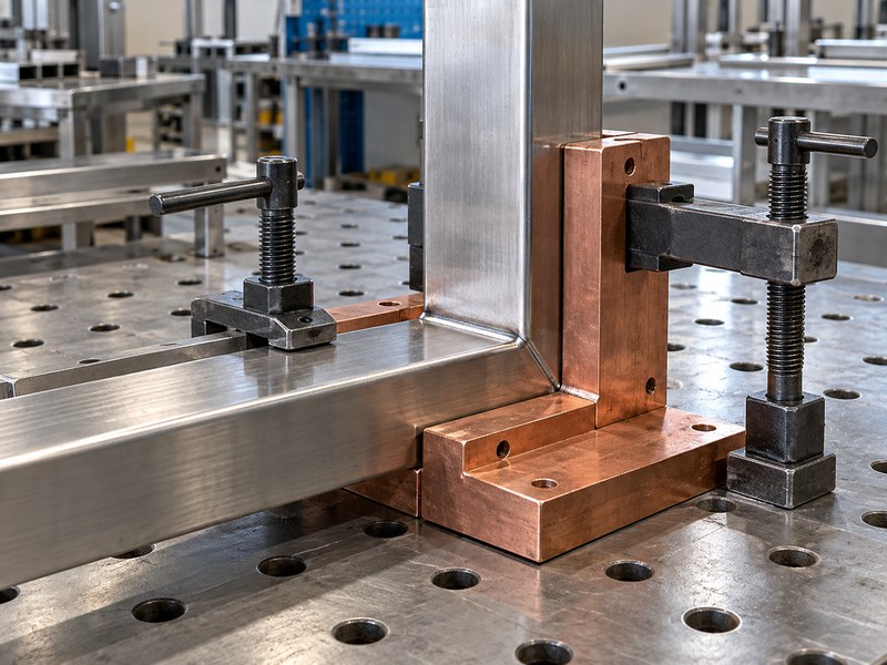 heat sink for welding stainless steel shaped copper insert supporting a corner joint
