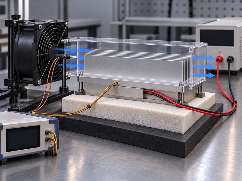 Illustrative forced-air heat sink test with longitudinal fin channels and separate heater and sensor connections