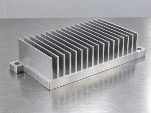 Heat sink structure showing a continuous base, straight fins and mounting ears