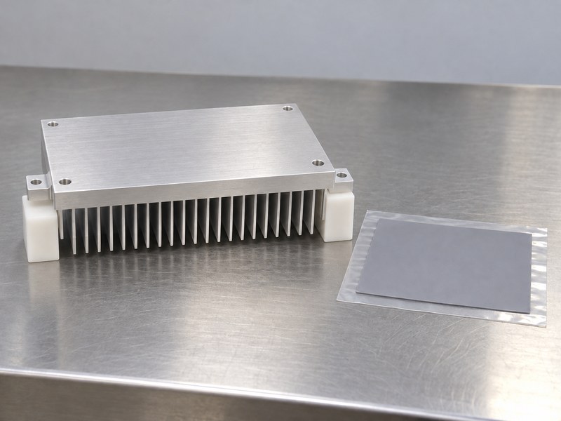 Heat sink structure contact face beside a separate thin thermal interface pad