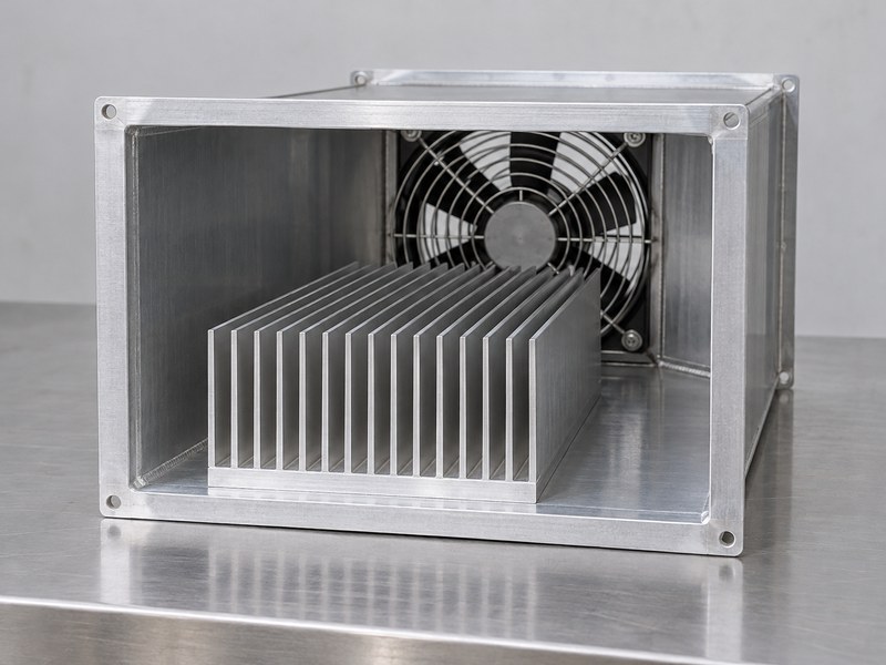 Heat sink structure with fin channels aligned toward a rear fan