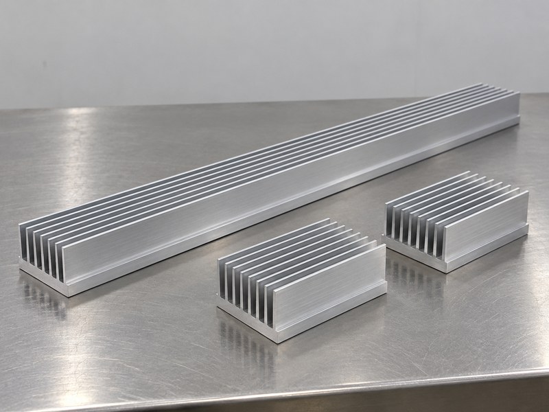 Heat sink structure shown as a long extrusion and separate shorter finished sections