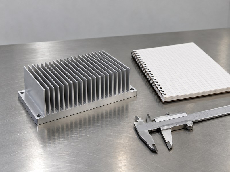 Heat sink structure beside an unmarked engineering notebook and separate caliper