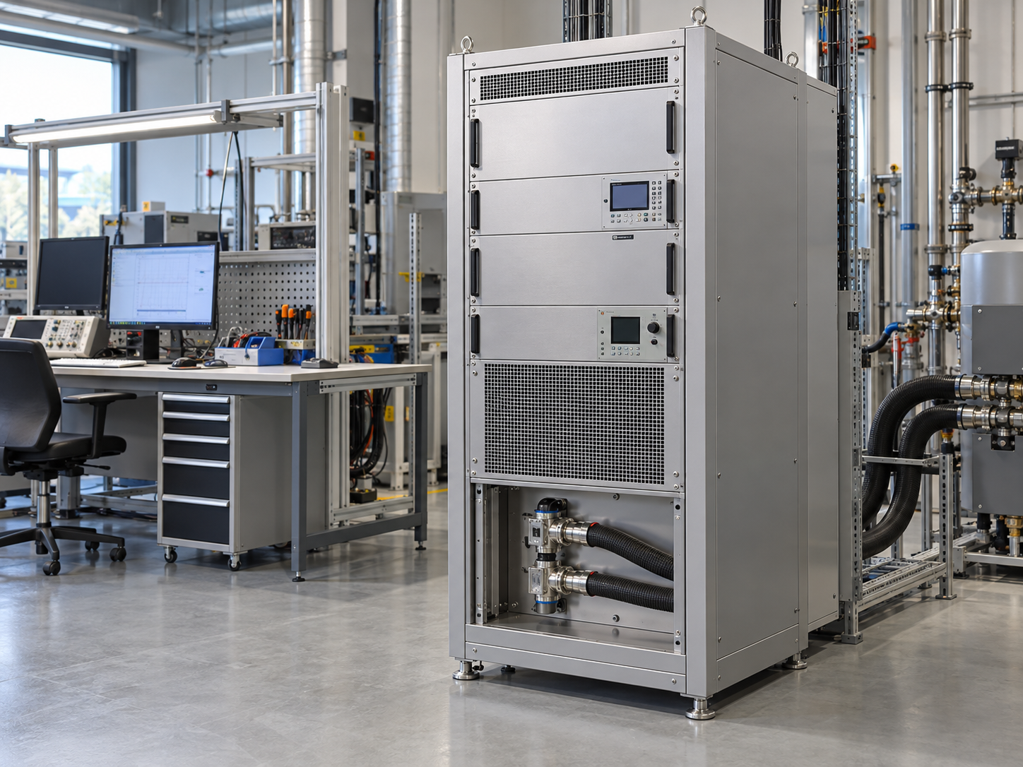 Power test equipment rack with closed-loop liquid and air thermal management