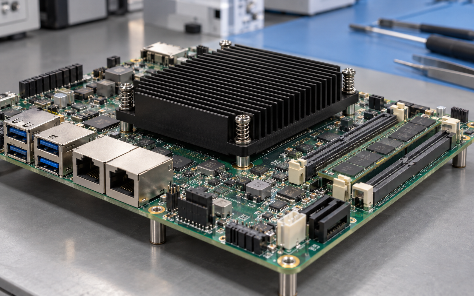 Industrial computer heat sink retained by spring screws with supported PCB mounting points