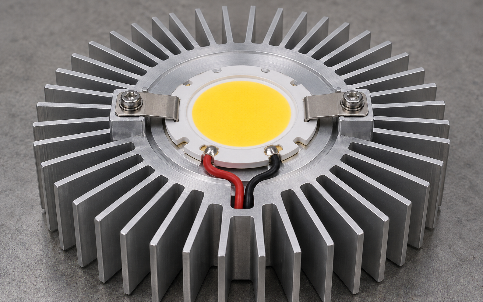 Industrial COB LED retained by stainless brackets on a radial aluminum heat sink