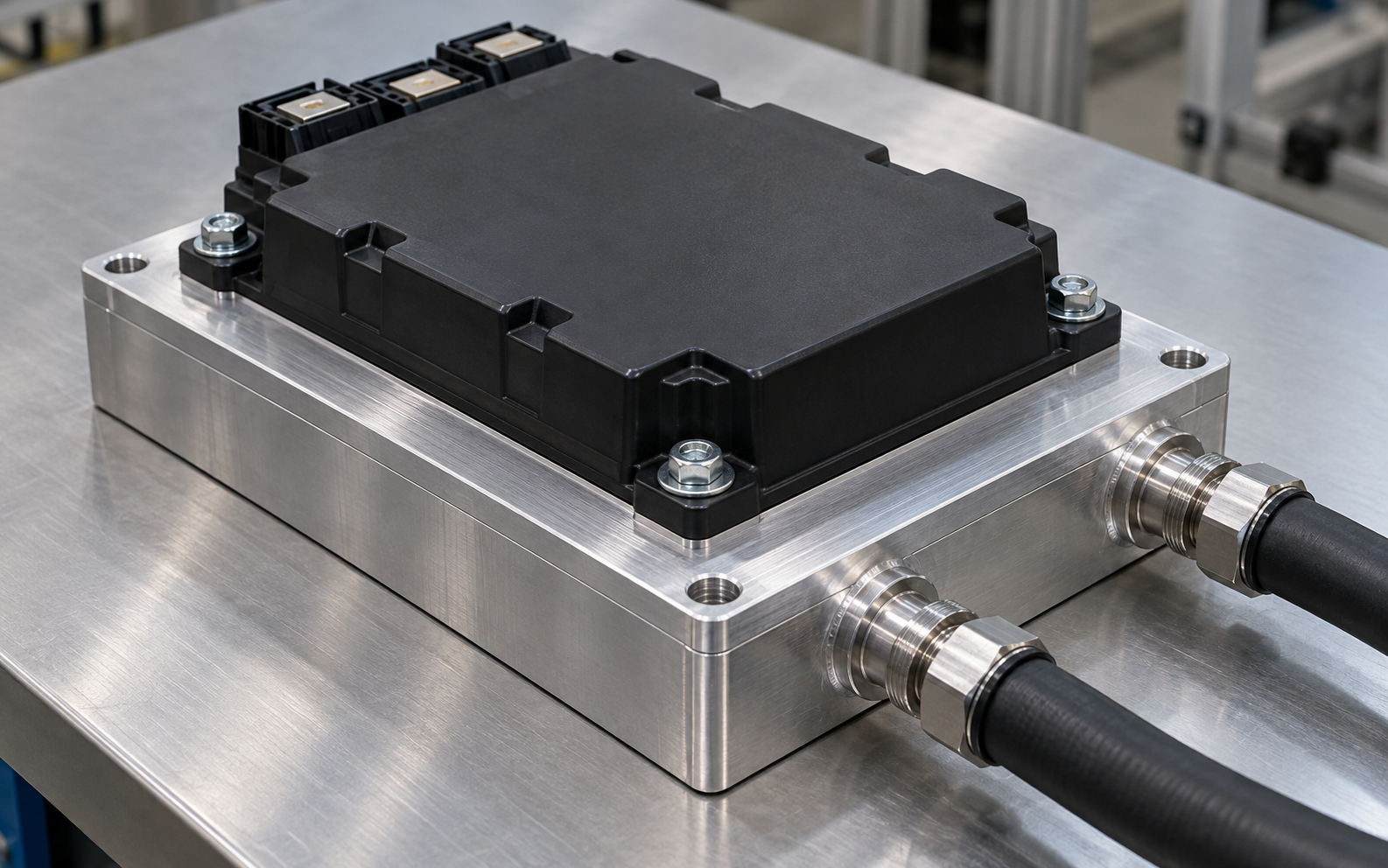 Power module mounted to a closed aluminum liquid cold plate with side coolant fittings