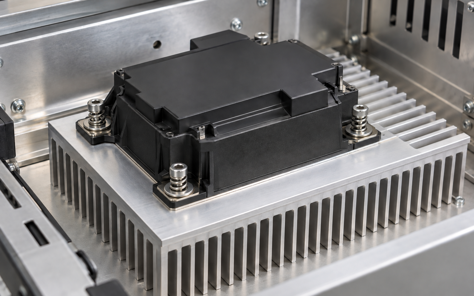 Power semiconductor module mounted to a finned heat sink with spring-loaded screws