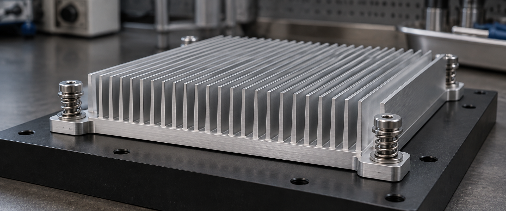 Aluminum heat sink mounted with spring-loaded screws through solid mounting ears