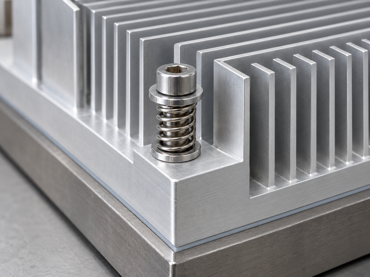 Spring-loaded shoulder screw seated on a solid heat sink mounting ear