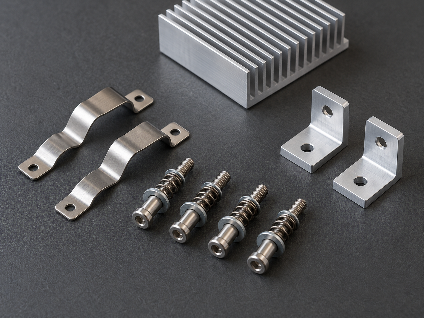 Matched stainless clips, spring-loaded mounting screws and aluminum brackets