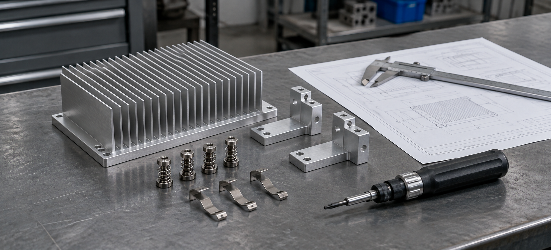 Engineering workbench with heat sink mounting hardware, tools and drawings