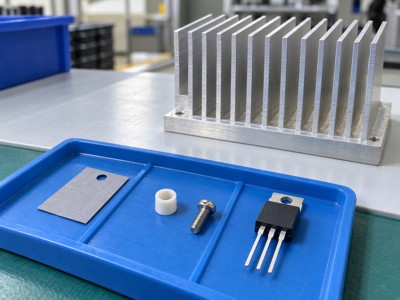 How to attach heat sink to voltage regulator with separate insulating pad and fastener parts