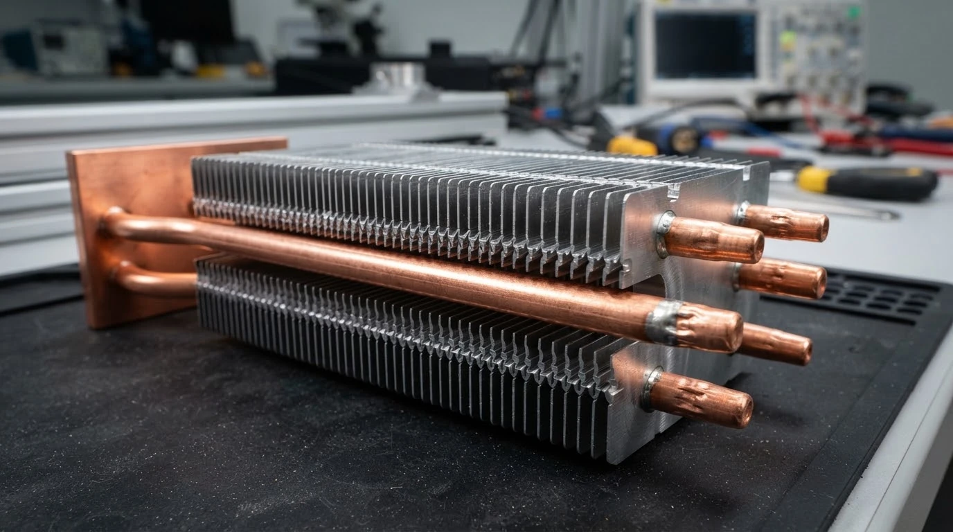 High-resolution industrial macro of sealed copper heat pipes integrated into aluminum cooling fins
