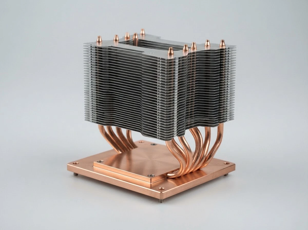 Three-quarter product view of custom copper-water heat pipe heat sink assembly with solid copper base plate and aluminum fin stack