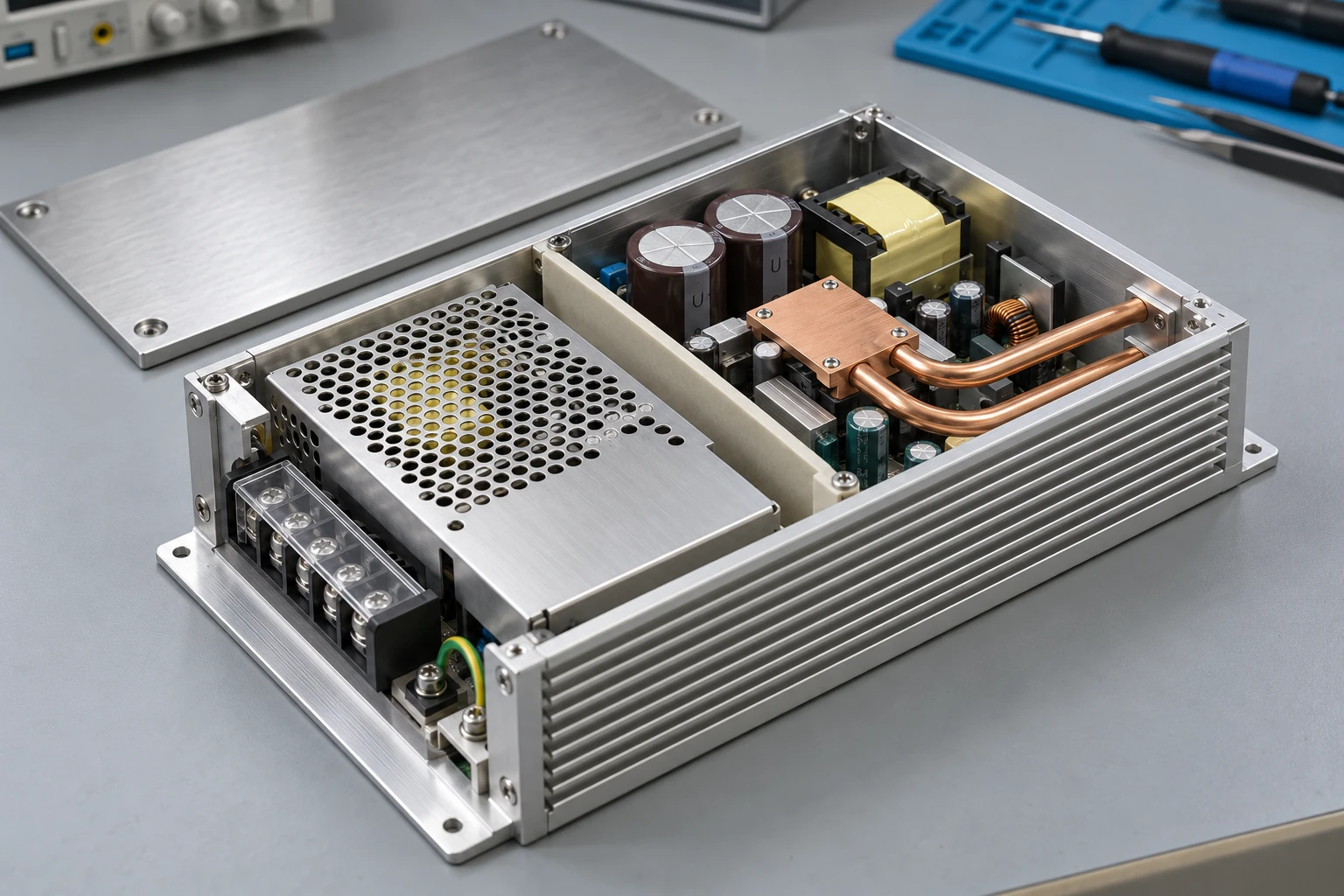 High-density industrial AC/DC power supply module with heat pipes