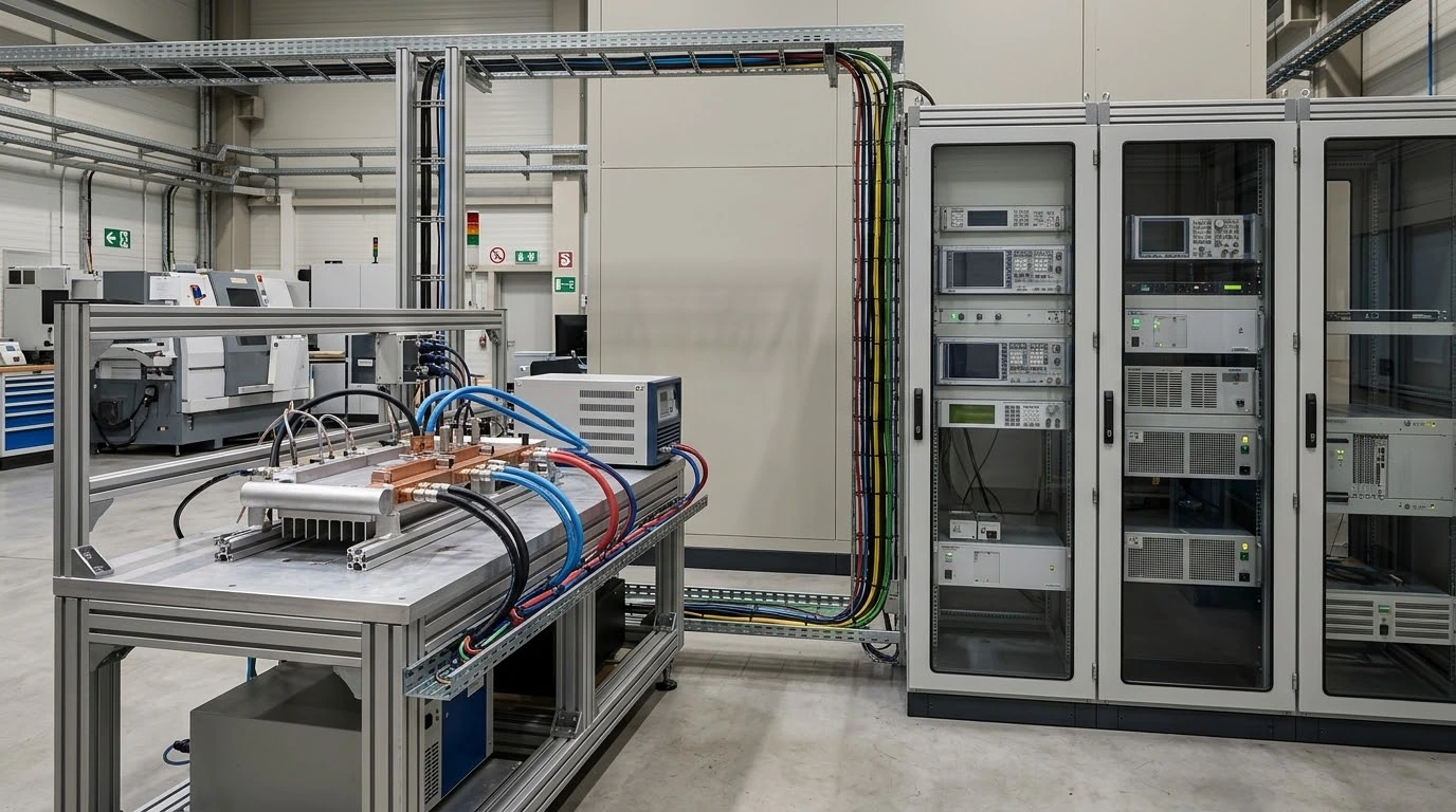 Power electronics testing laboratory with instrument racks and a thermal test bench
