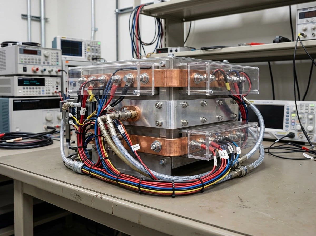 Power conversion test fixture with guarded electrical connections and organized cooling lines