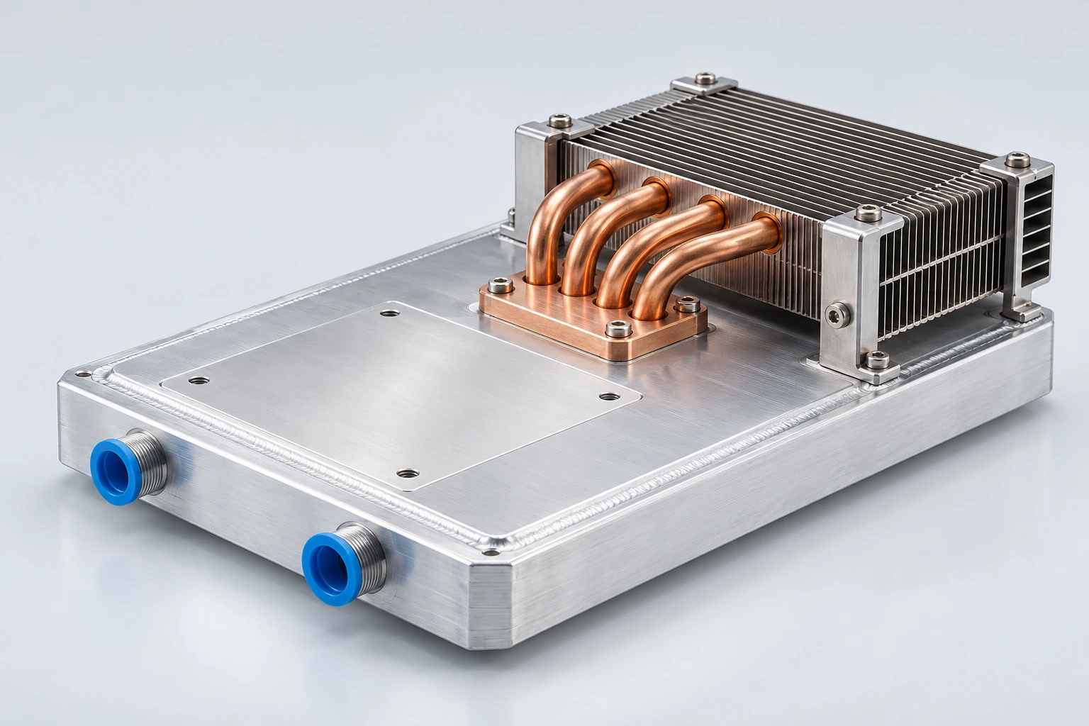 Low-profile hybrid assembly with FSW aluminum cold plate and a separate copper heat-pipe fin cooler