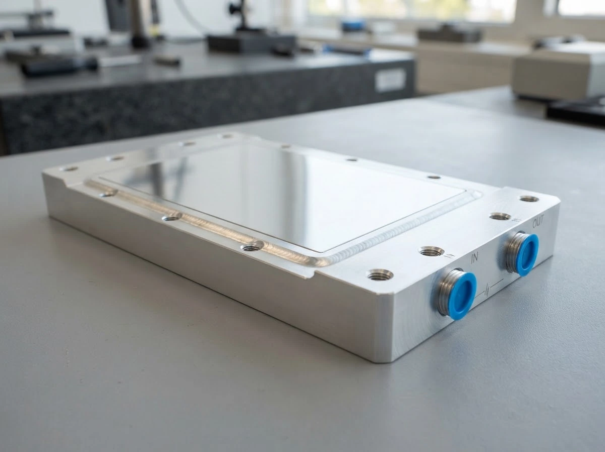 Machined aluminum liquid cold plate with sealed welded cover, contact surface and two side connections