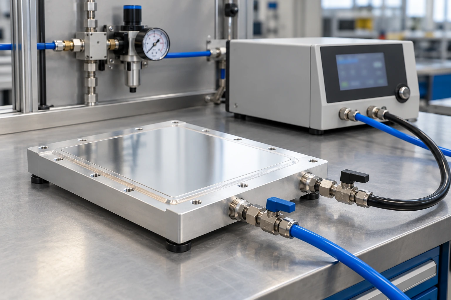 Finished sealed aluminum cold plate connected to a dry-gas leak inspection workstation