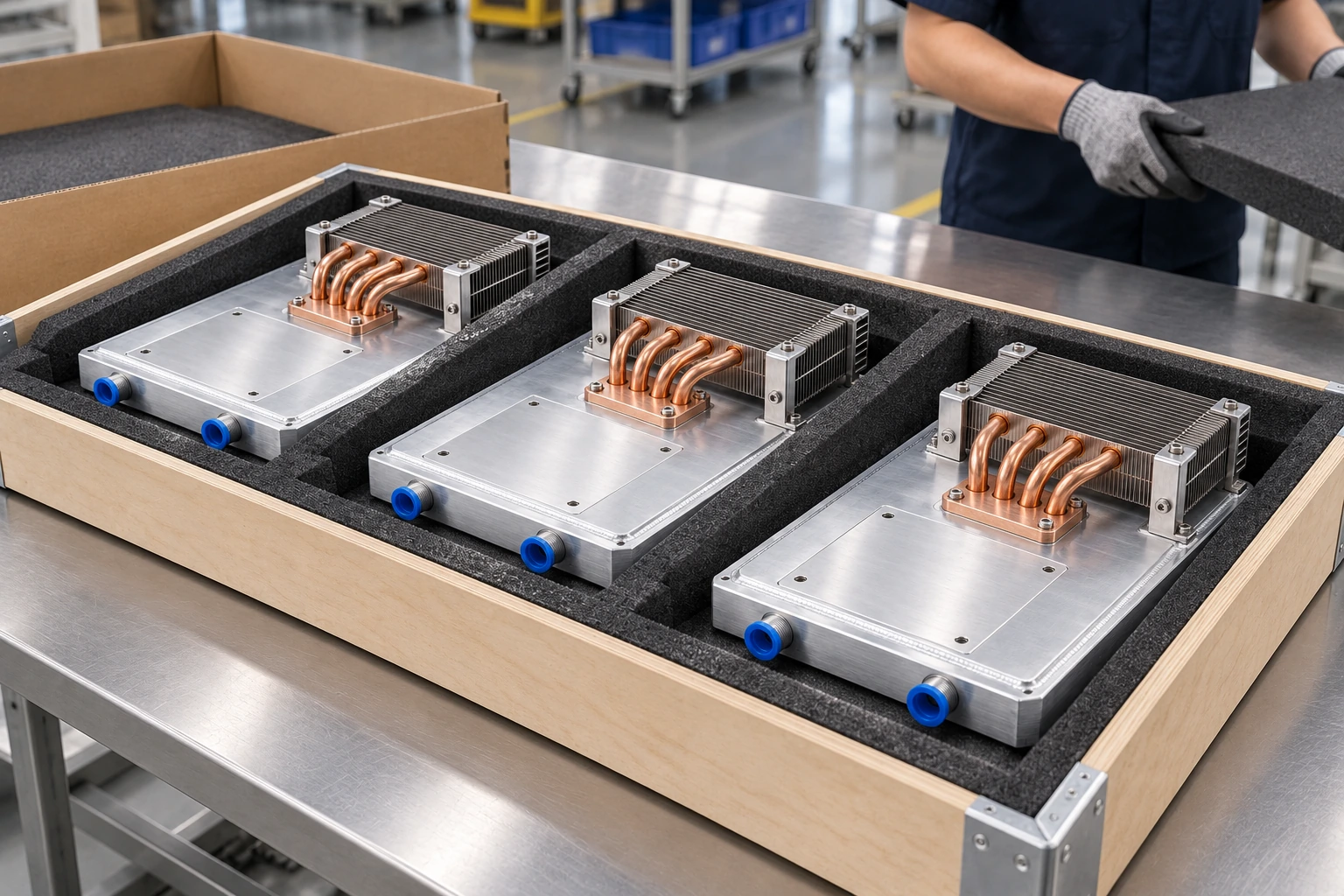 Three matching low-profile hybrid cooling assemblies separated in protective shipping trays