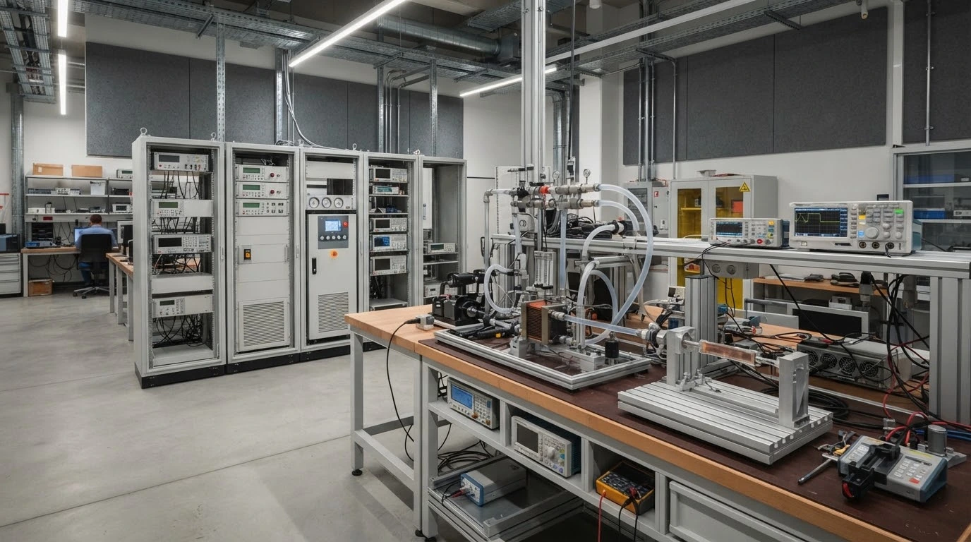 Thermal engineering laboratory with closed-loop liquid cooling lines and instrumentation