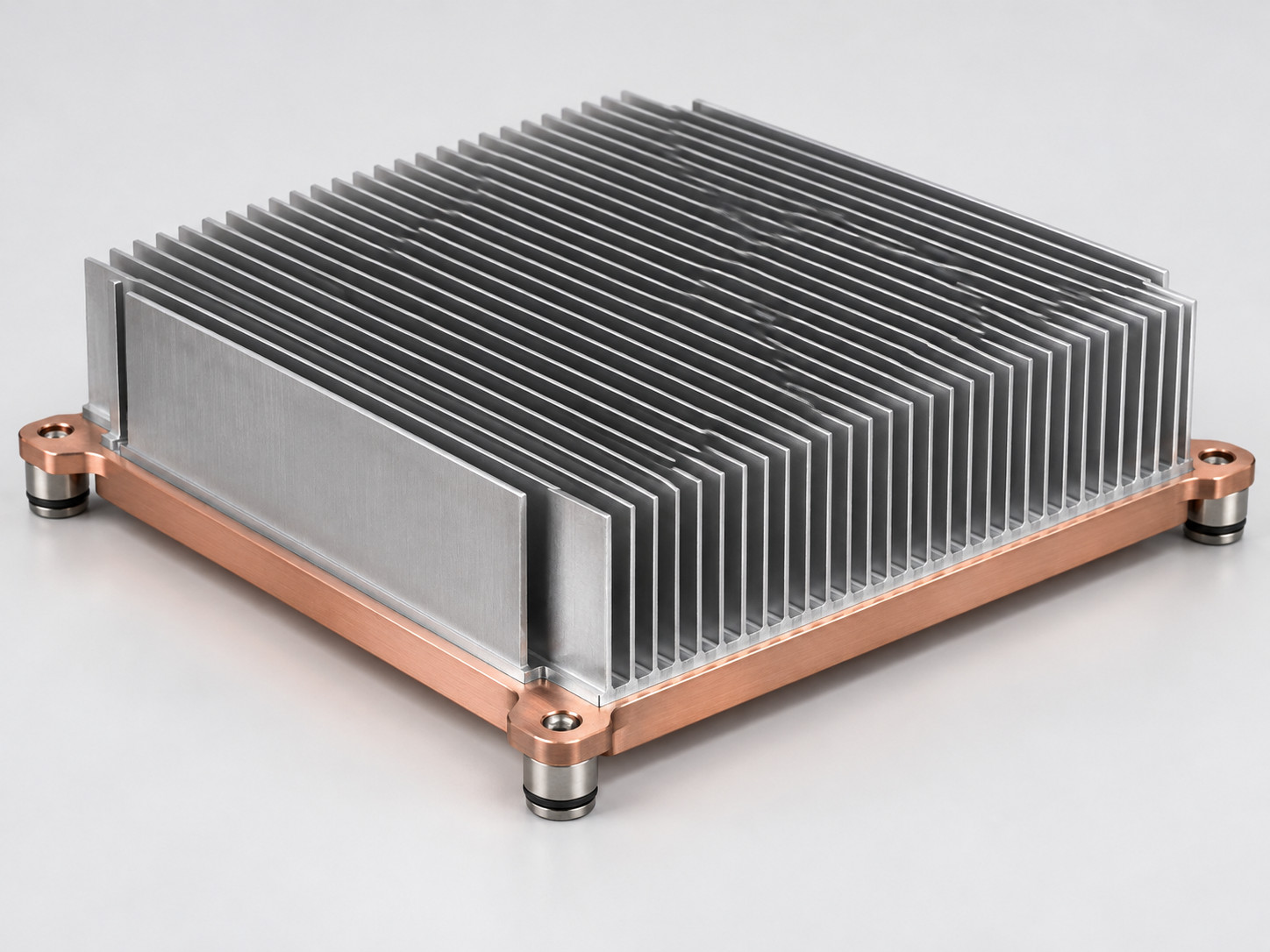 Low-profile copper vapor-chamber base with attached aluminum cooling fins and perimeter mounting features.