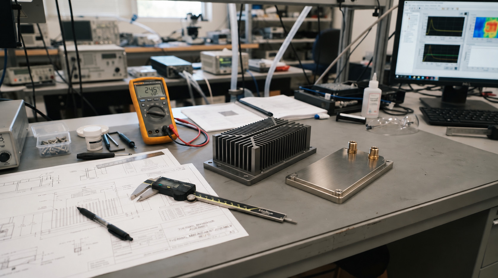 Thermal engineering workbench with a heat sink, a closed two-port cold plate, drawings, and a caliper.