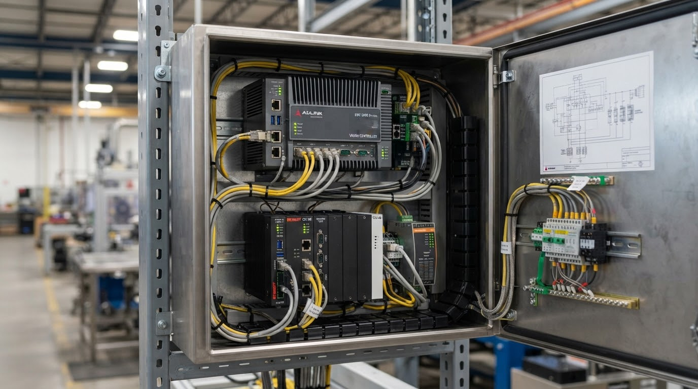 Industrial vision-compute and machine-control hardware with cooling fins inside an electrical cabinet.