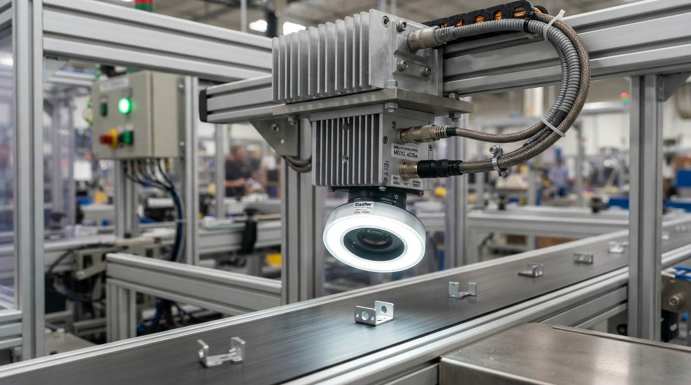 Industrial machine vision camera with attached cooling fins, secure mounting, and connected cables above a conveyor.