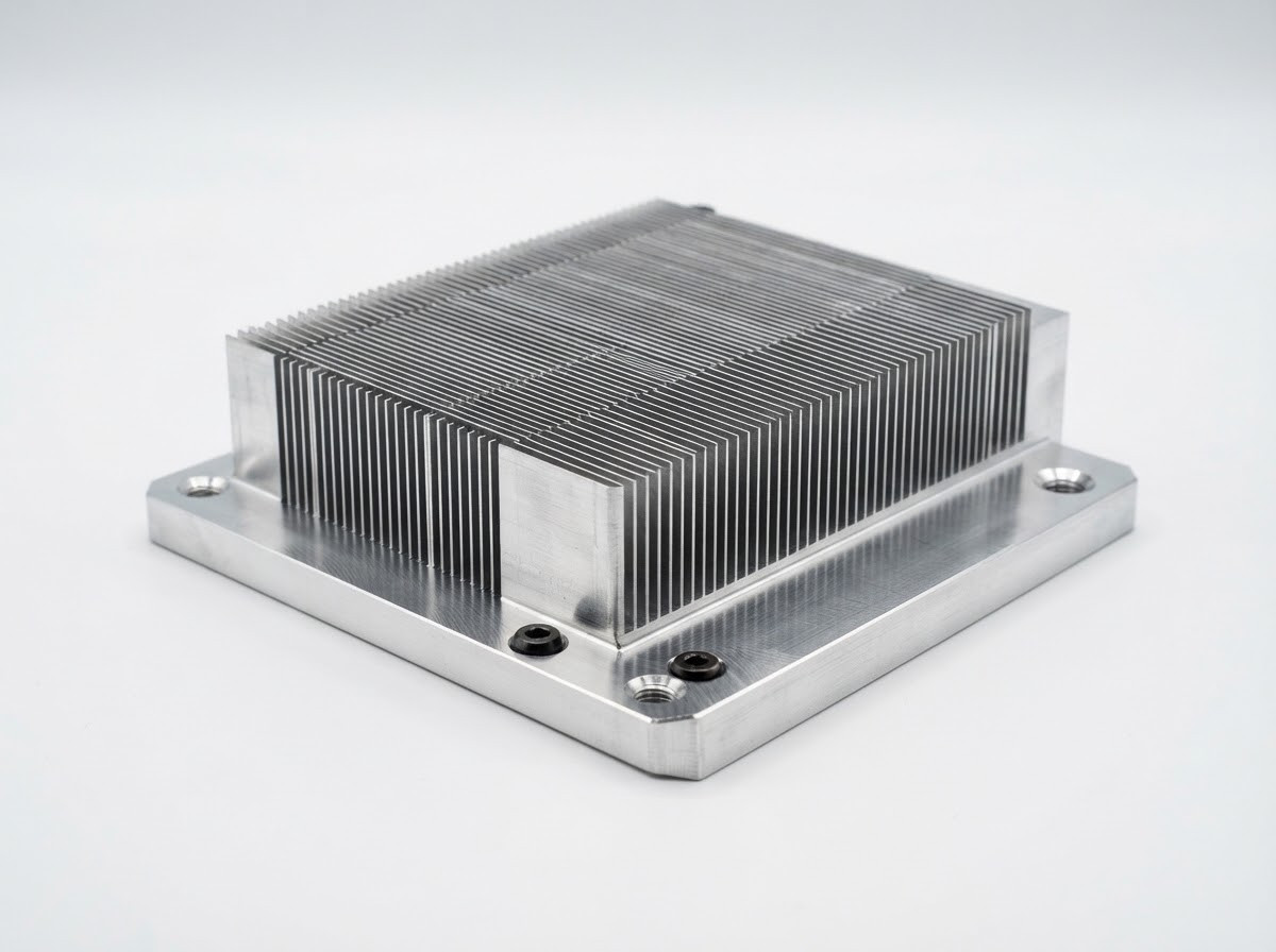 Fine-fin aluminum heat sink with a continuous metal base and accessible mounting holes.