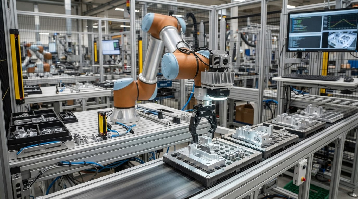 Industrial robot with an integrated vision camera in an automated assembly cell.