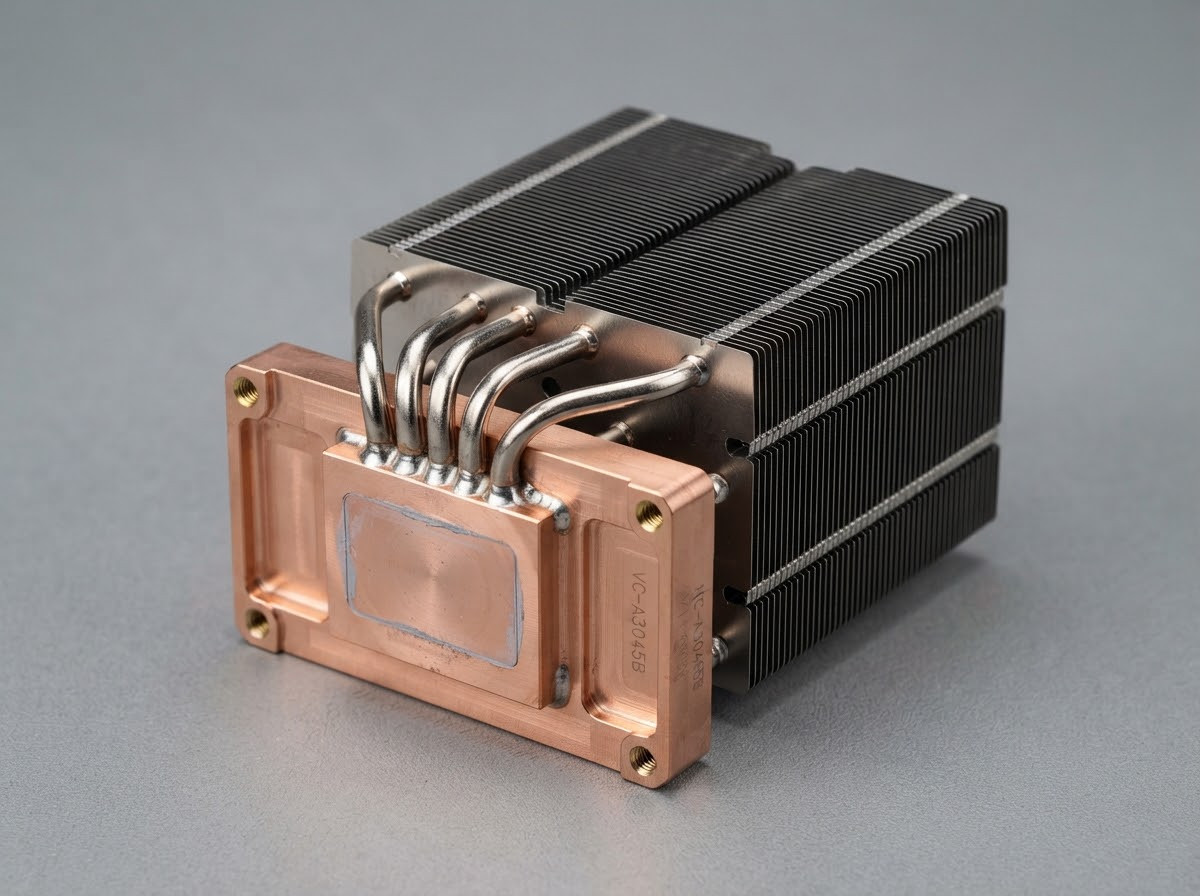 Industrial heat-pipe cooling assembly connecting a copper contact plate to a fin stack.