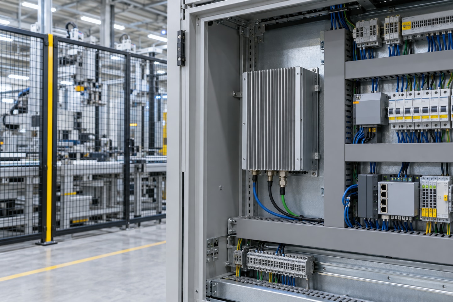 Vertically finned industrial computer installed inside an organized factory control cabinet