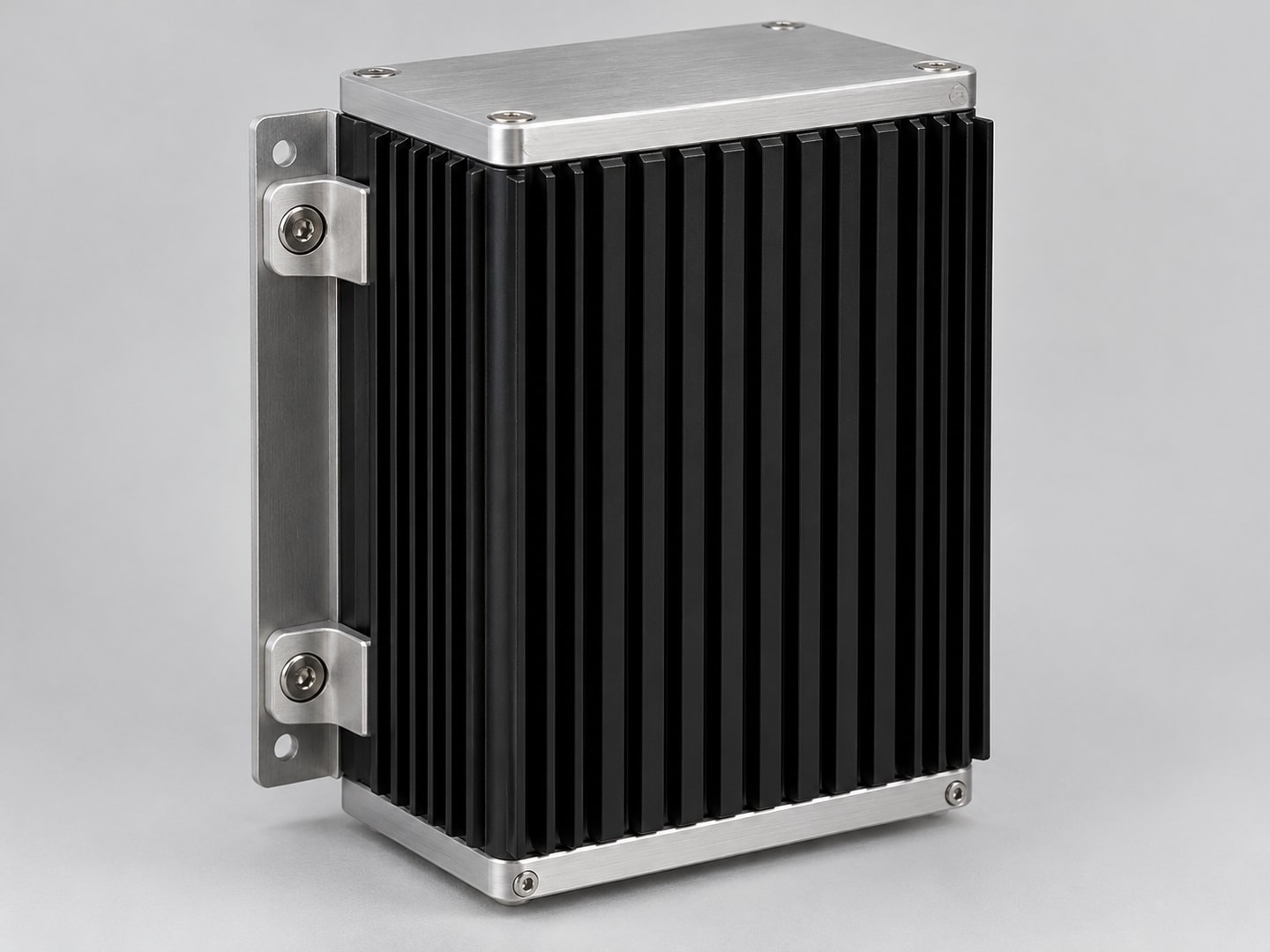 Black anodized fanless gateway enclosure with vertical fins and a metal mounting bracket