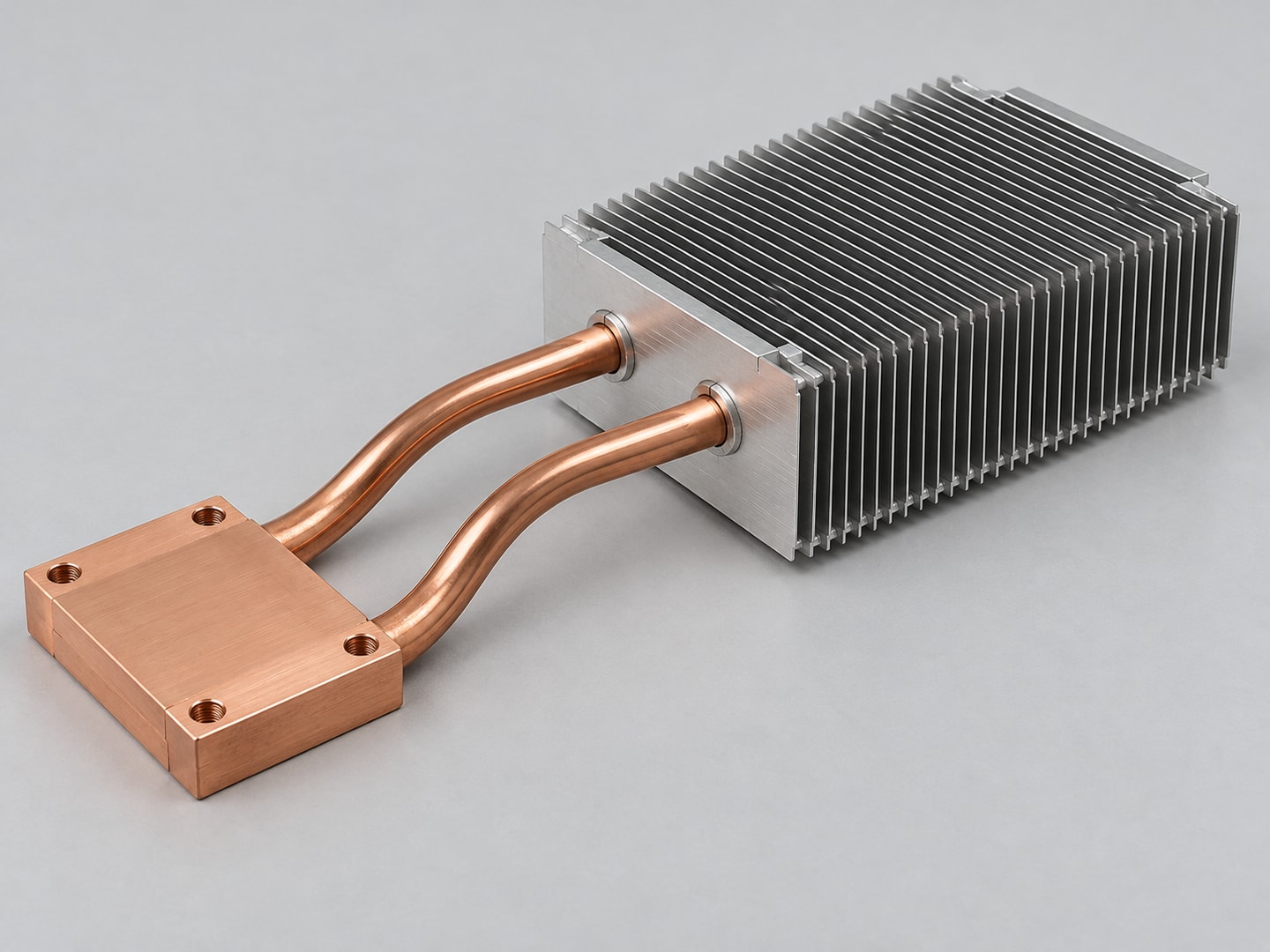 Copper contact block connected by two copper heat pipes to a parallel aluminum fin stack