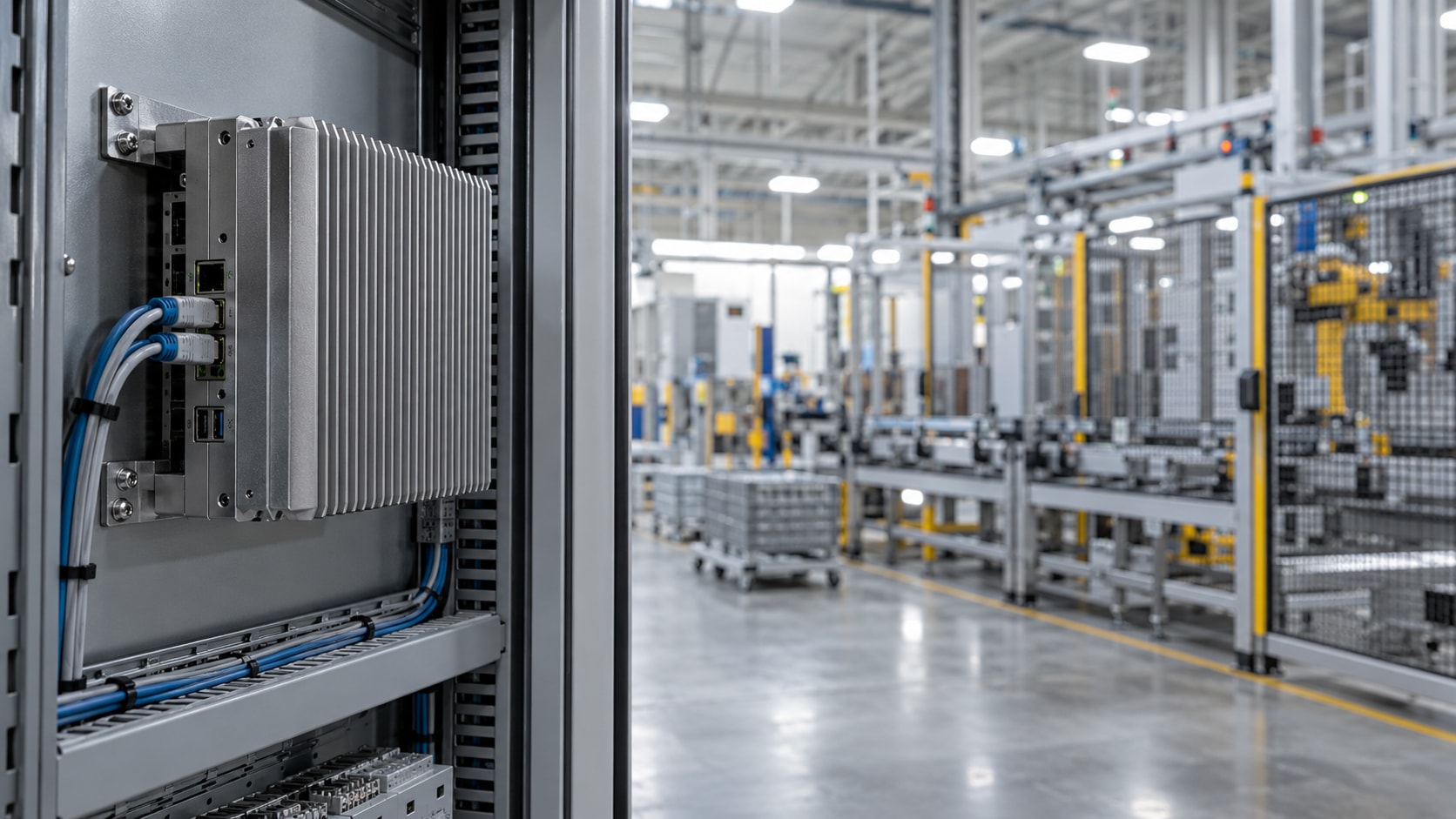 Finned industrial edge computer mounted beside guarded factory equipment