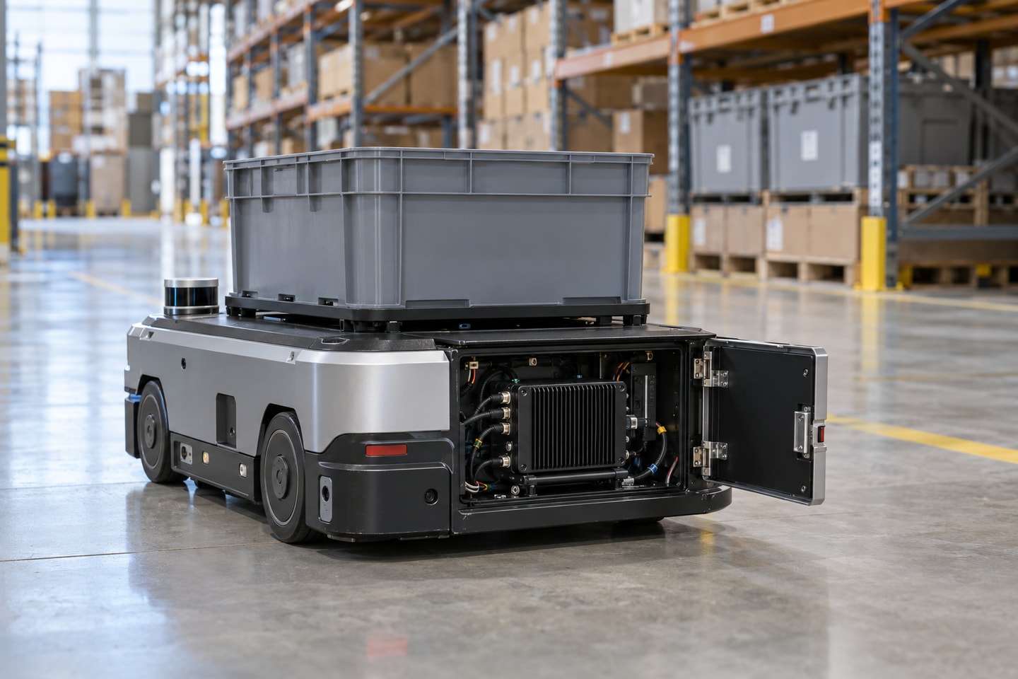Industrial computer secured inside the protected service bay of a warehouse mobile robot