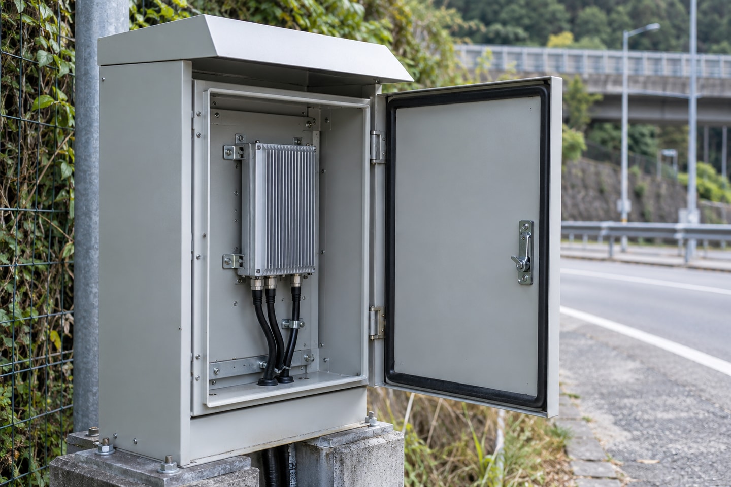 Vertically mounted finned gateway inside a shaded roadside service cabinet