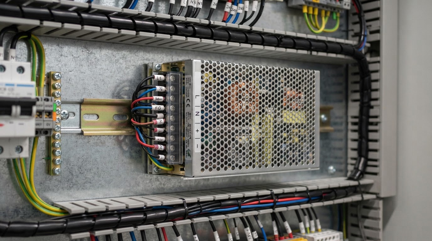 Enclosed AC/DC switching power supply installed on a control cabinet backplate
