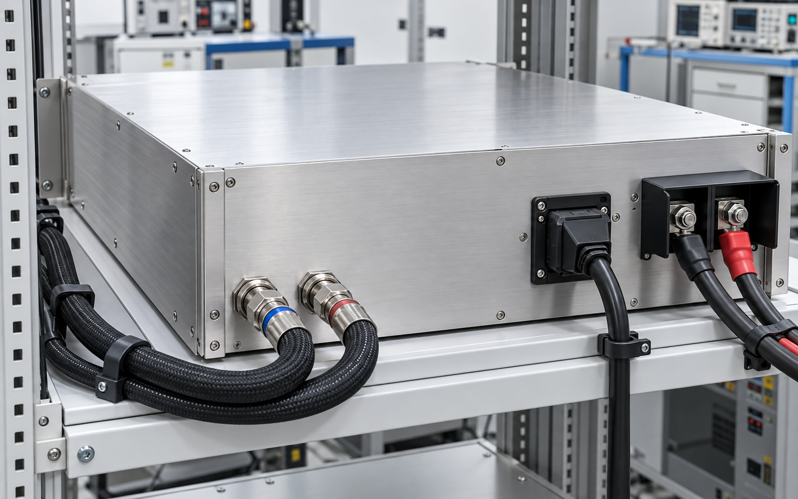 Liquid-cooled programmable DC supply with two independent fluid hoses and separate protected electrical connections
