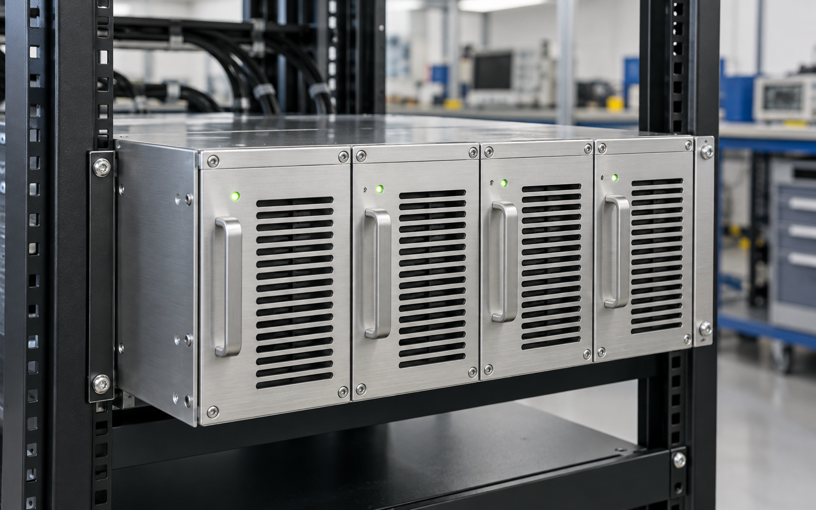 Rack-mounted industrial rectifier shelf with four consistent ventilated power converter modules
