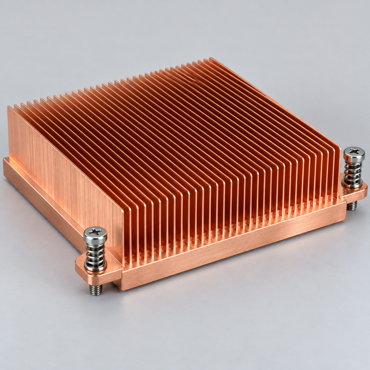 Low-profile copper skived heat sink with straight open fins and two external spring-loaded mounting screws
