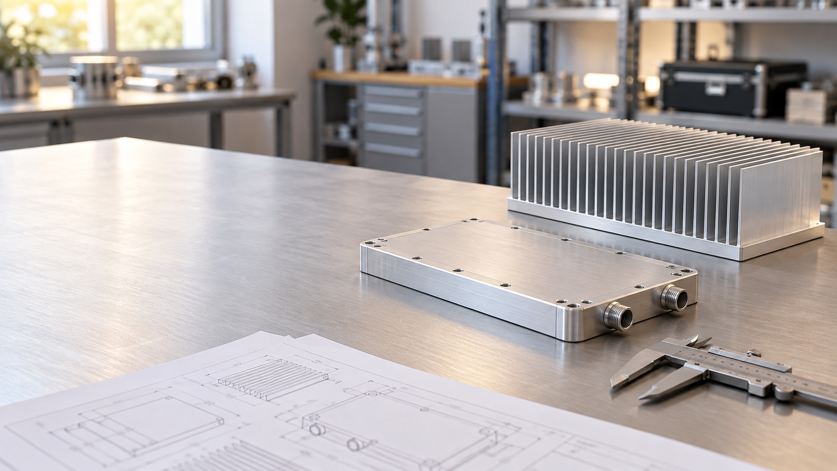 Thermal engineering workbench with a closed two-port cold plate, parallel-fin aluminum heat sink, drawings and caliper