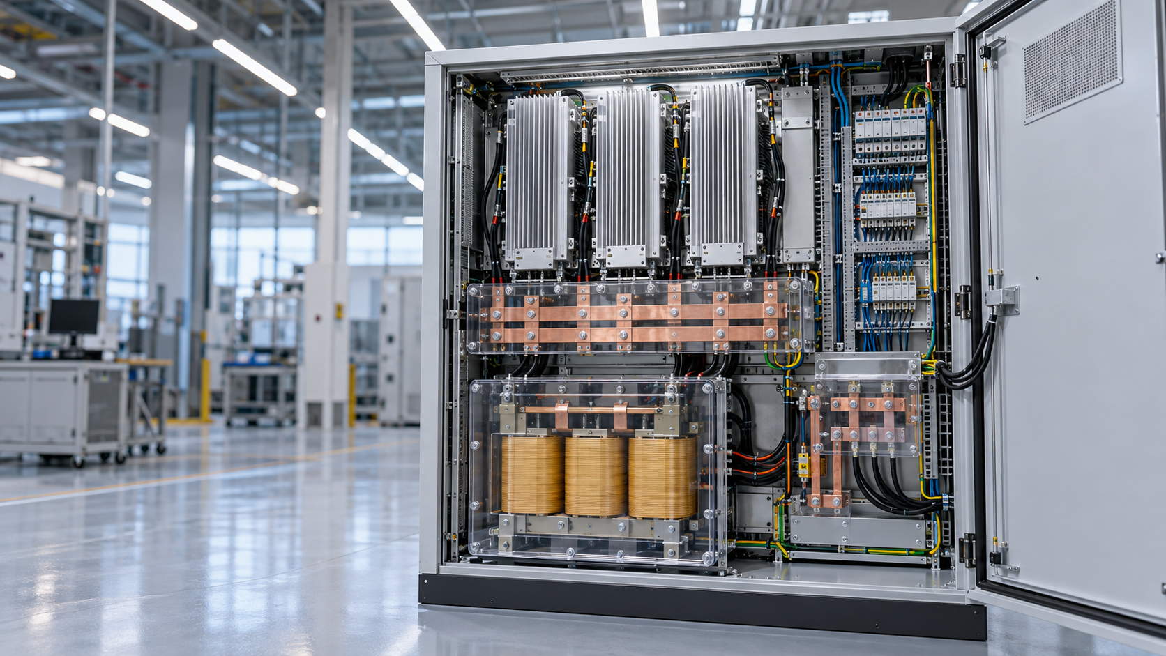 Industrial power conversion cabinet with protected copper busbars and vertical aluminum heat sinks
