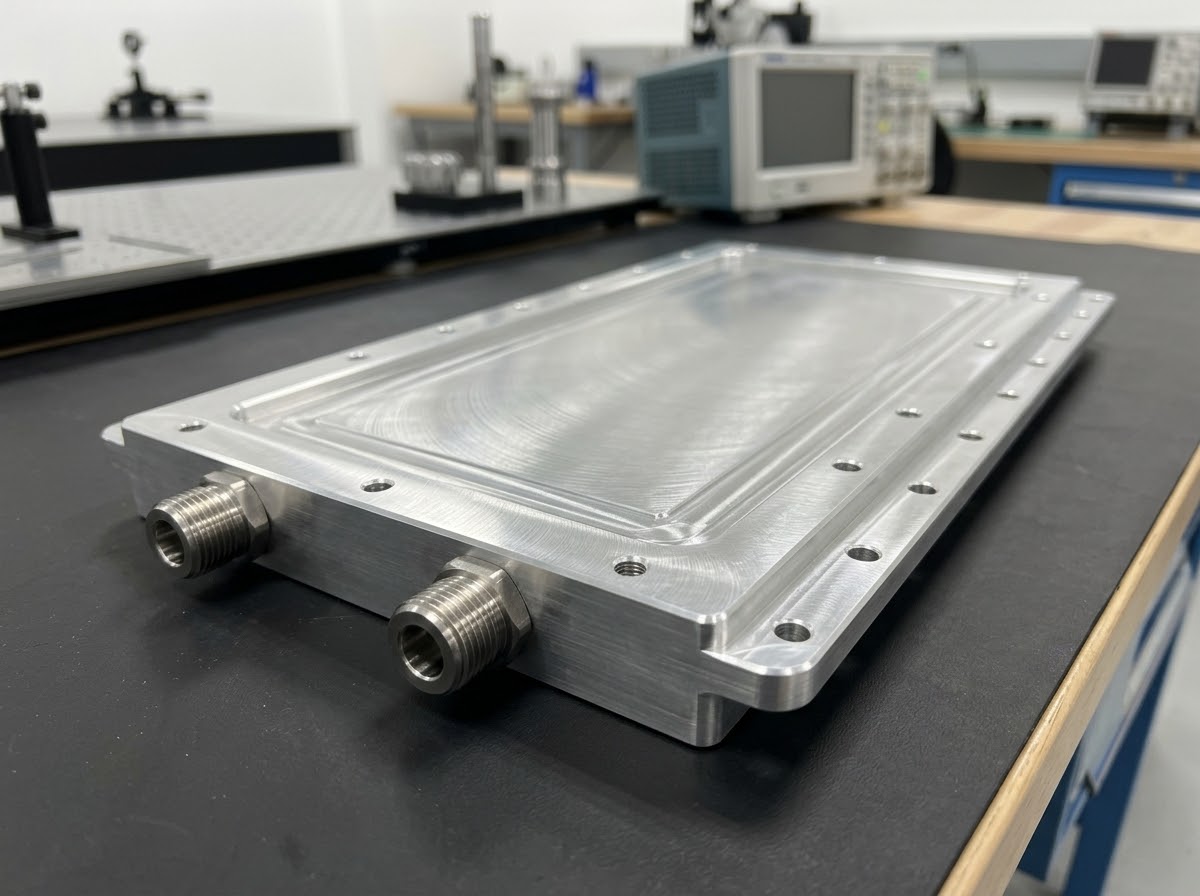 Two-port machined aluminum cold plate with a clear central contact face on an engineering bench