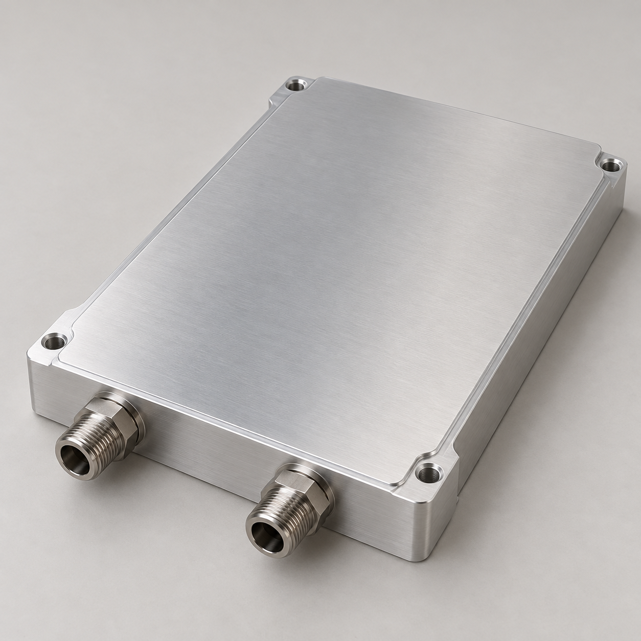 Closed flat machined aluminum liquid cold plate with two side ports and external corner mounting holes