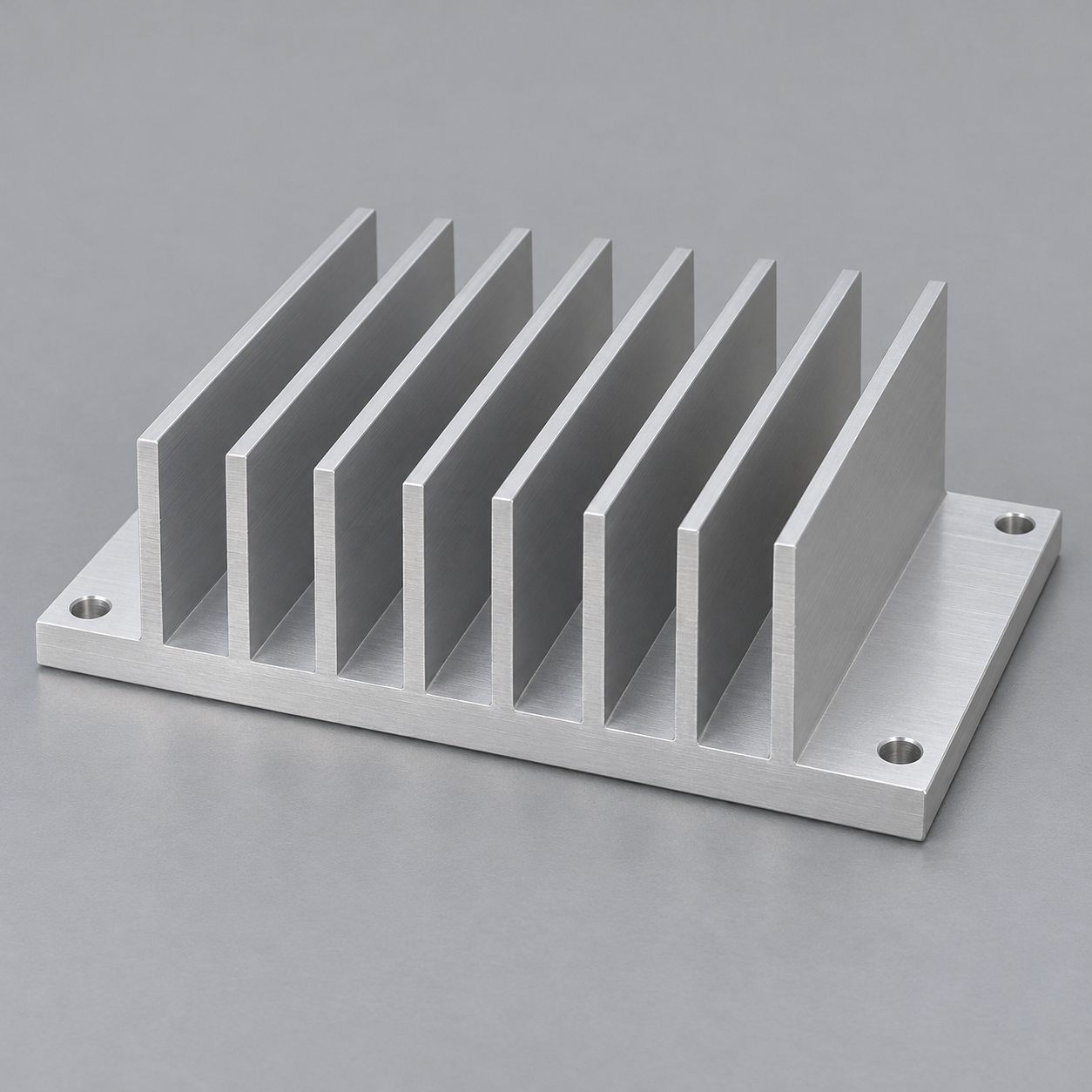 One-piece aluminum heat sink with continuous parallel extruded fins and external base mounting holes