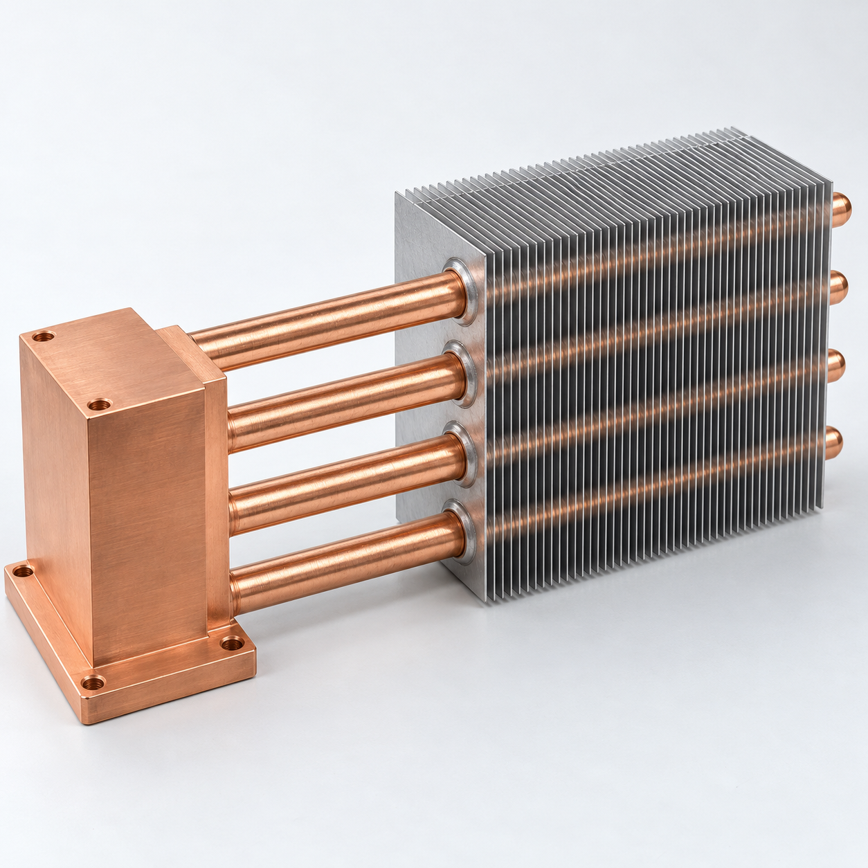 Four straight sealed copper heat pipes connecting a copper contact block to aligned aluminum plate fins